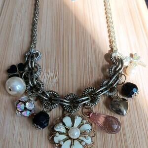 CG Marked Charm Necklace Silver Tone, Dragon Fly, Clover, Heart, flower